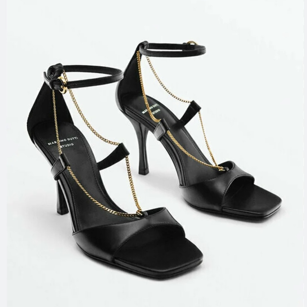 Massimo Dutti studio black leather high heel sandals with gold chains detail 10